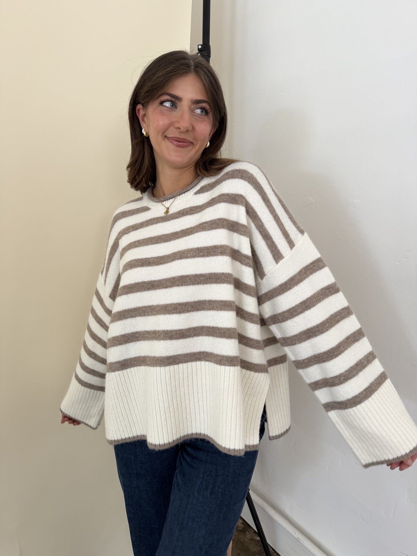 Lydia Striped Knit Pullover Sweater (Cream)