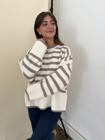 Lydia Striped Knit Pullover Sweater (Cream)