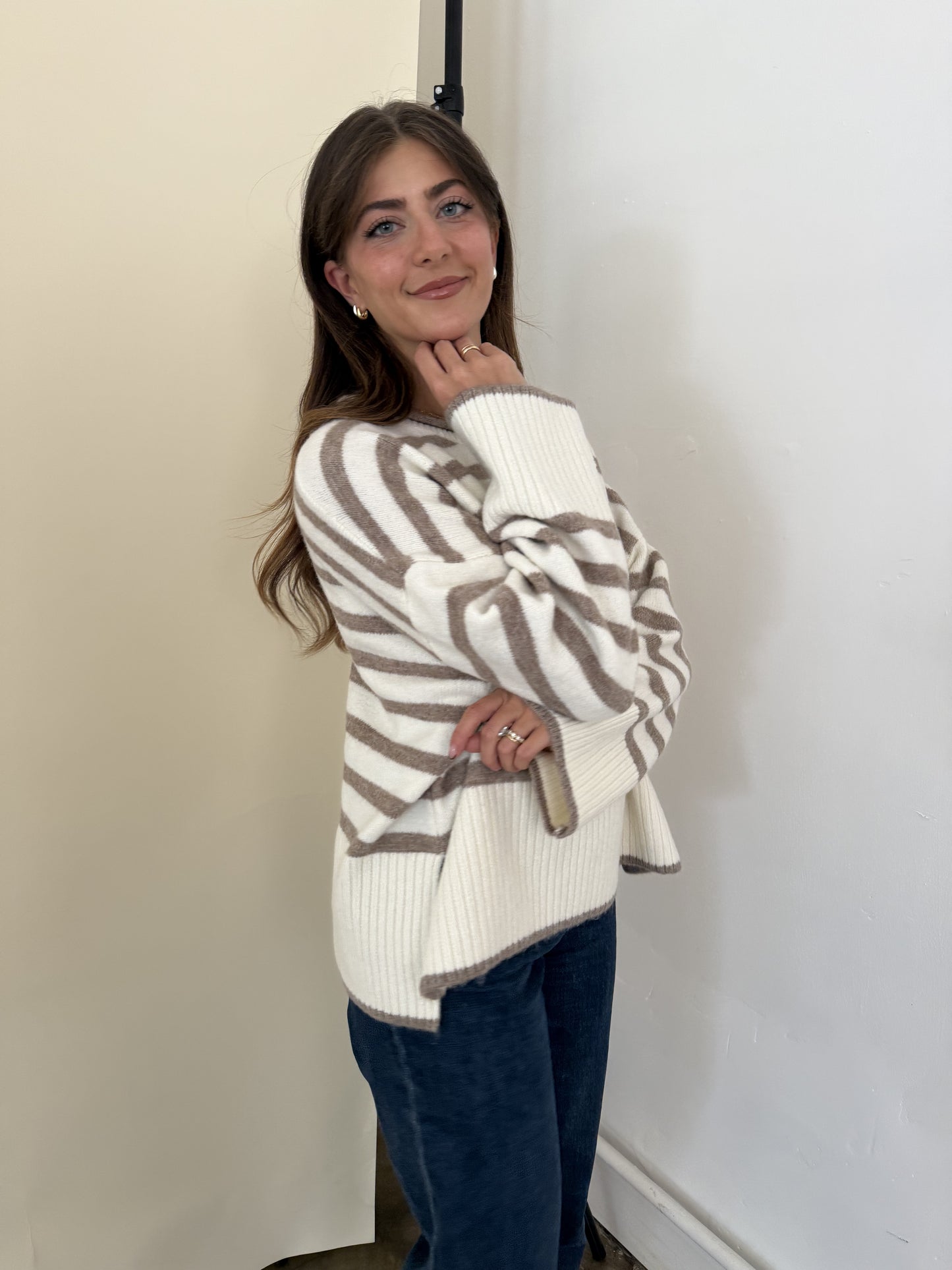 Lydia Striped Knit Pullover Sweater (Cream)