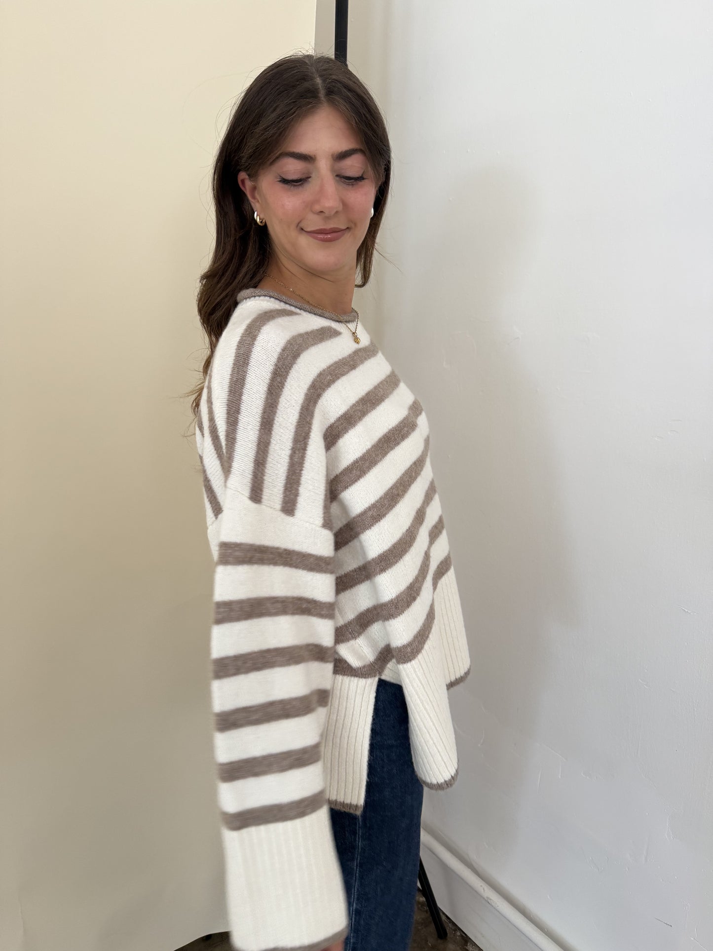 Lydia Striped Knit Pullover Sweater (Cream)