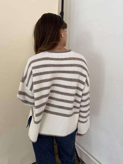 Lydia Striped Knit Pullover Sweater (Cream)