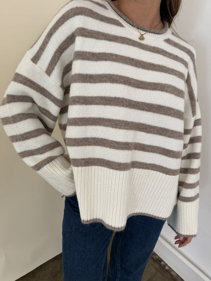 Lydia Striped Knit Pullover Sweater (Cream)