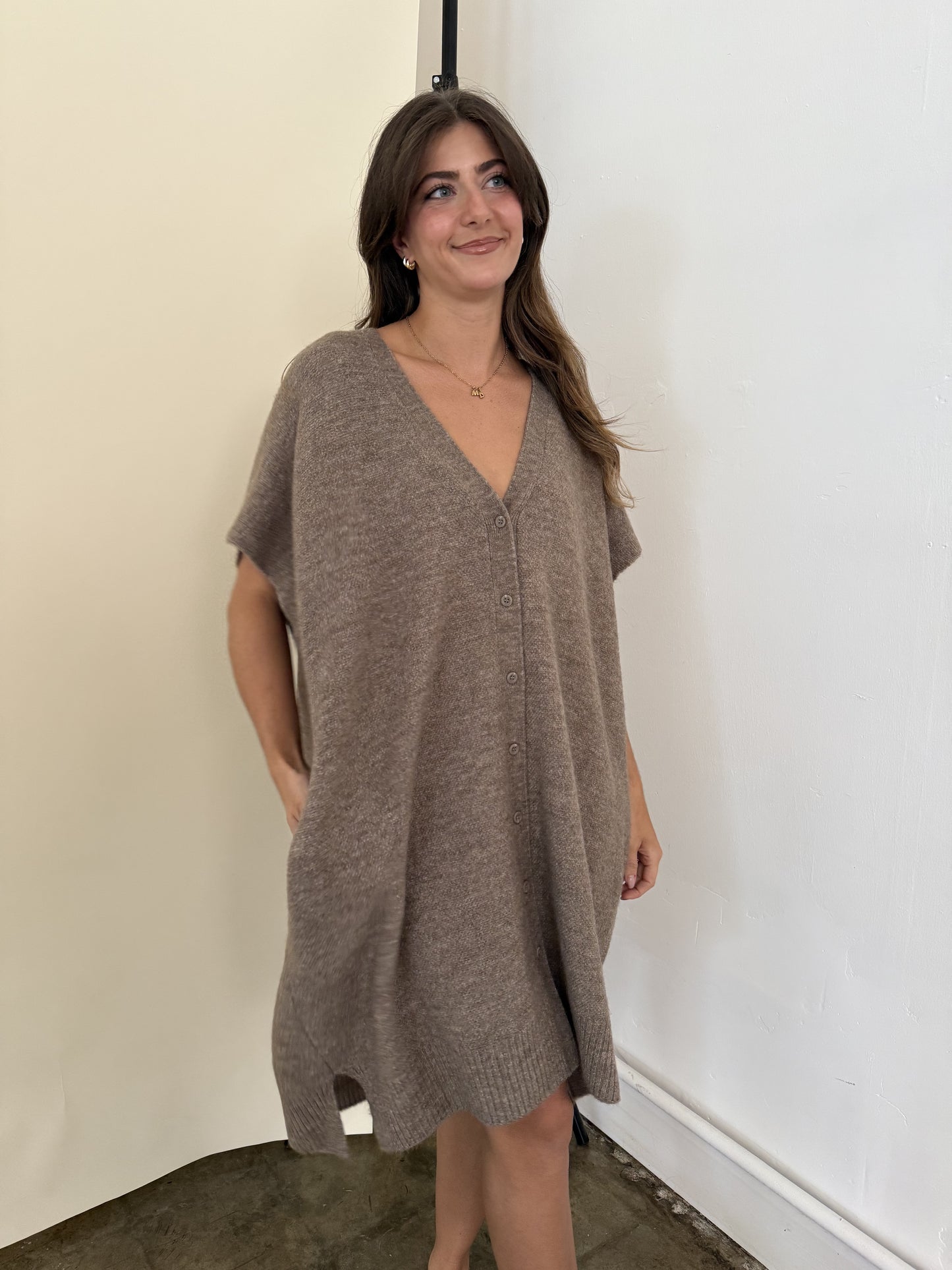 Logan Knit Buttoned Cardigan Mini Dress (Taupe)