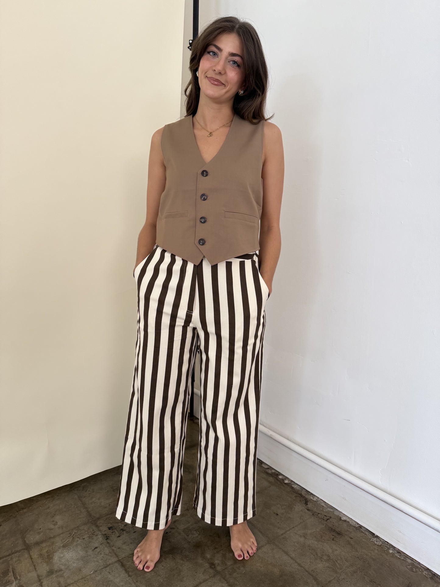 FRNCH Pelly Chocolate Striped Stretch Wide Leg Pants