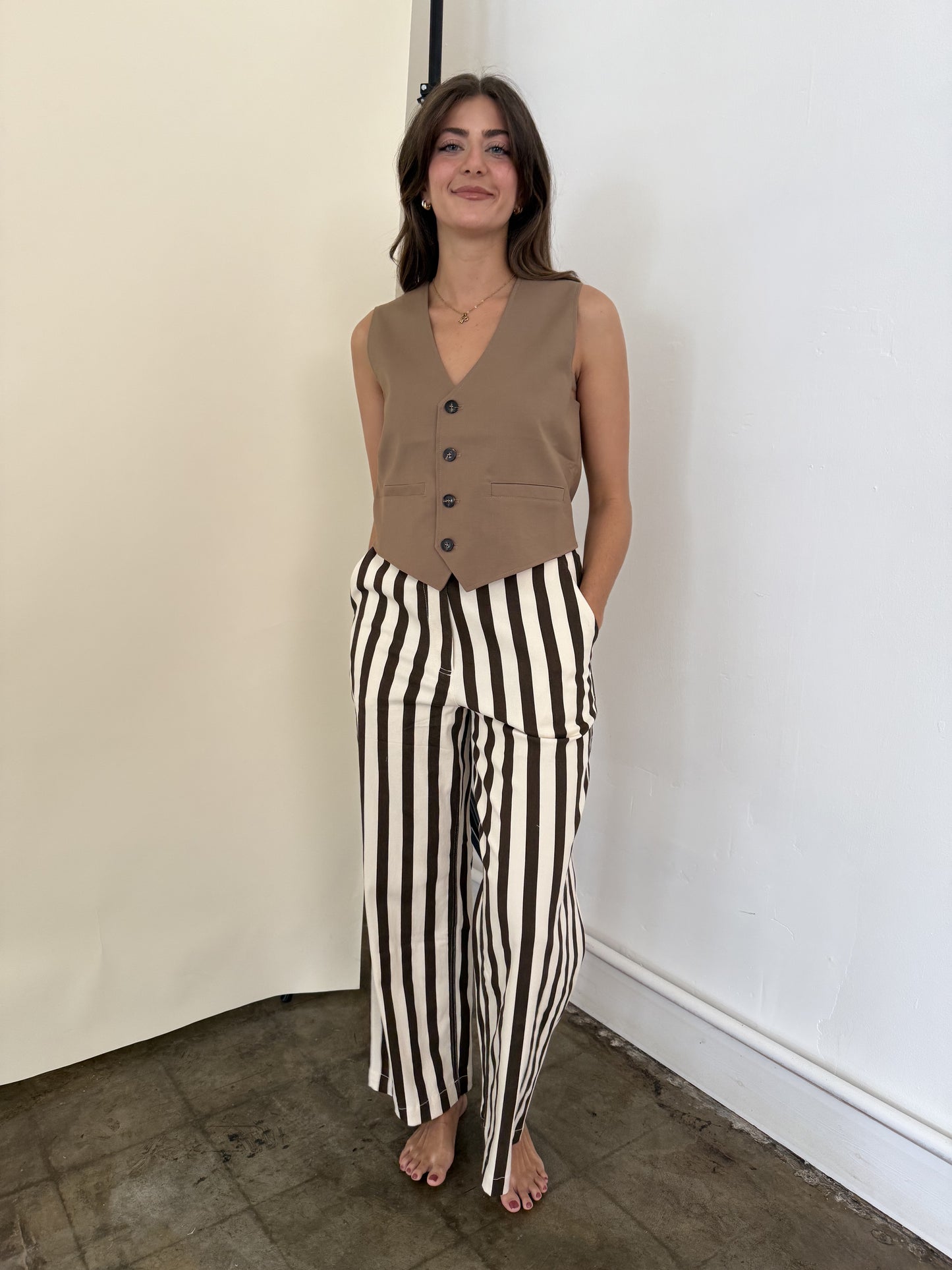 FRNCH Pelly Chocolate Striped Stretch Wide Leg Pants