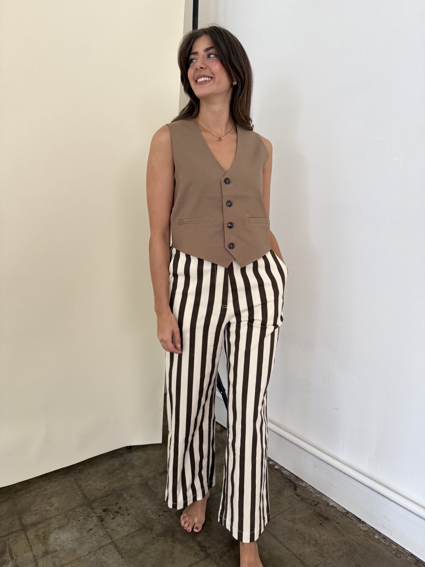 FRNCH Pelly Chocolate Striped Stretch Wide Leg Pants