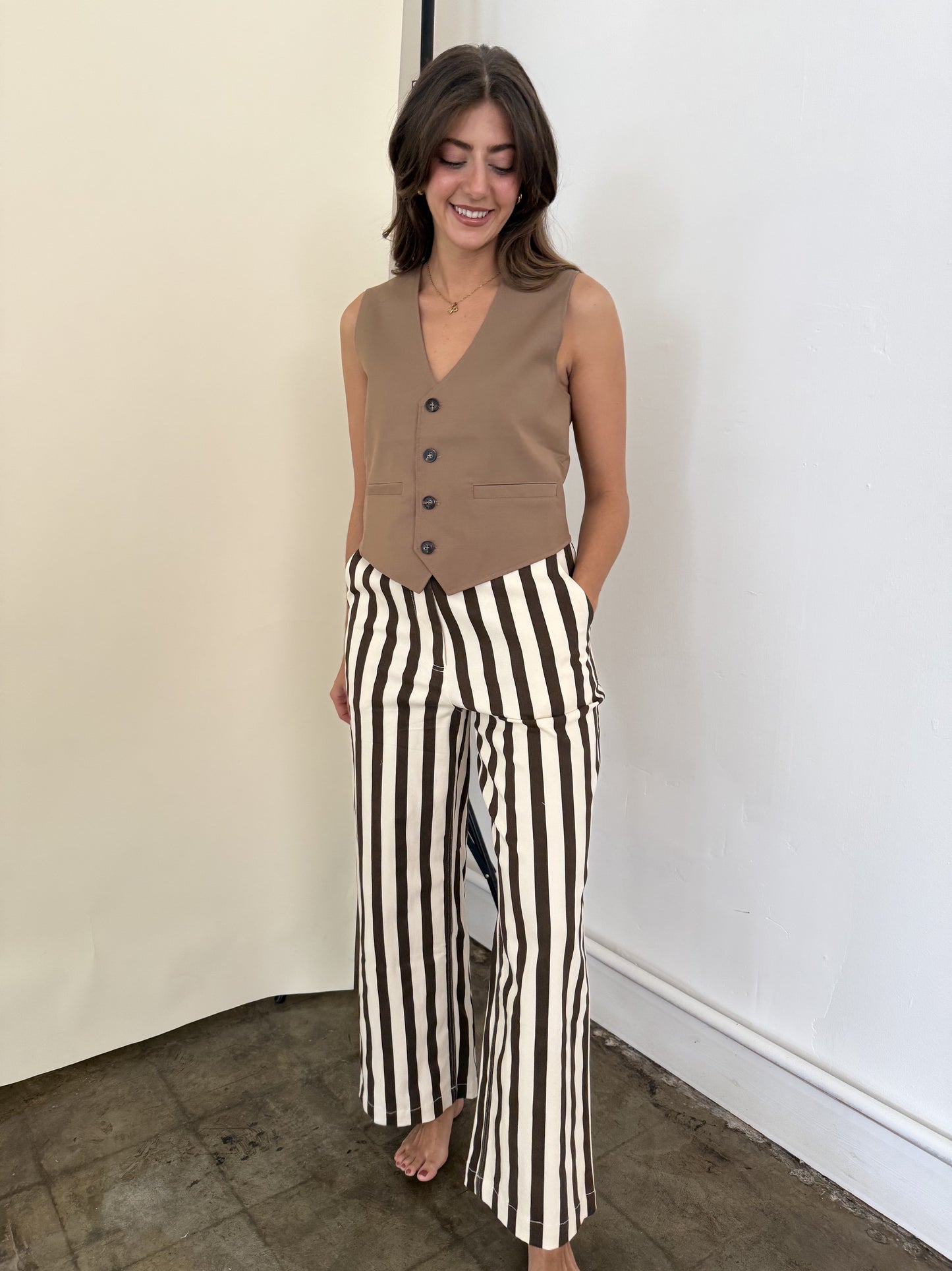 FRNCH Pelly Chocolate Striped Stretch Wide Leg Pants