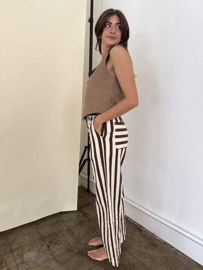 FRNCH Pelly Chocolate Striped Stretch Wide Leg Pants