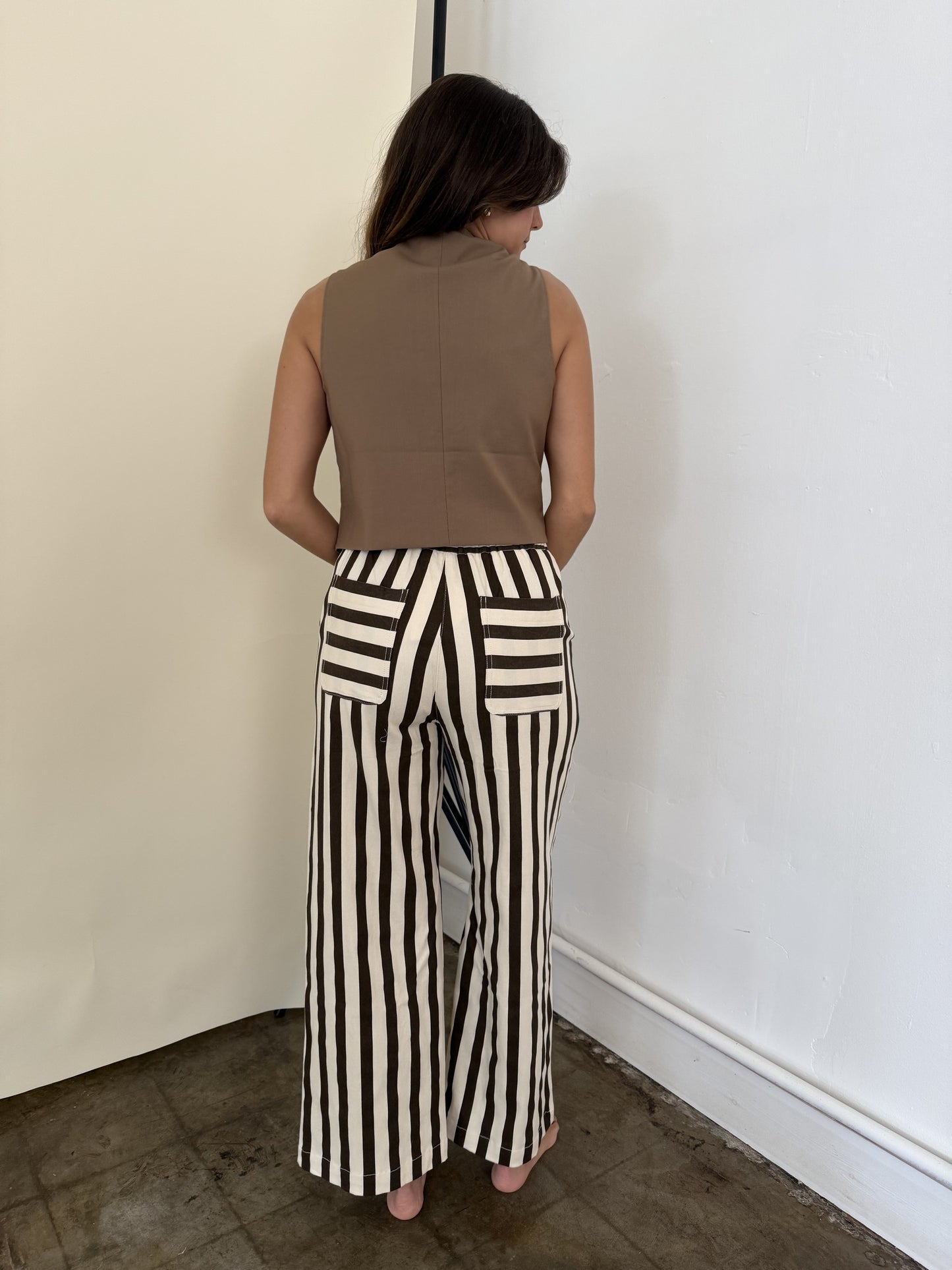 FRNCH Pelly Chocolate Striped Stretch Wide Leg Pants