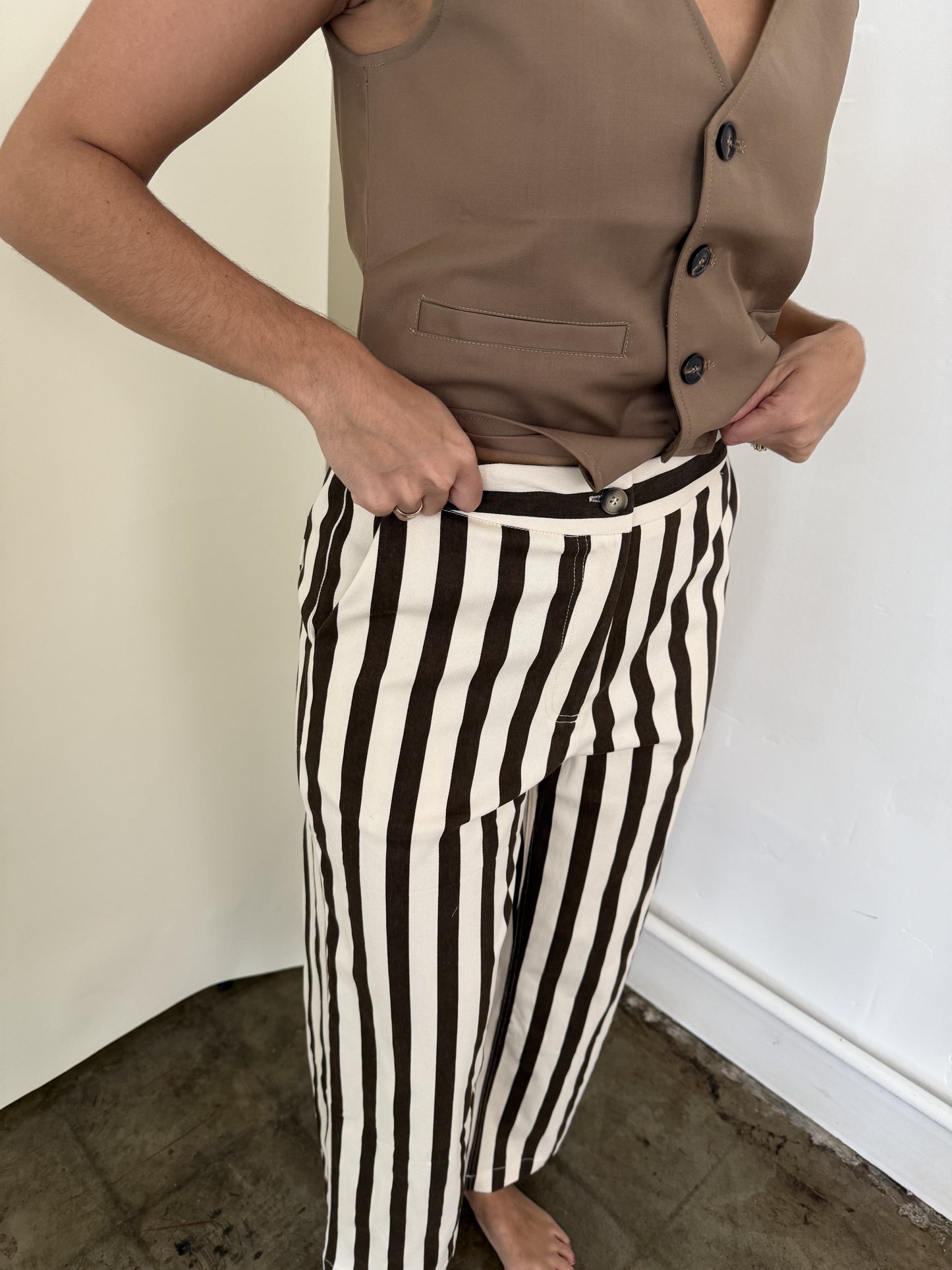 FRNCH Pelly Chocolate Striped Stretch Wide Leg Pants