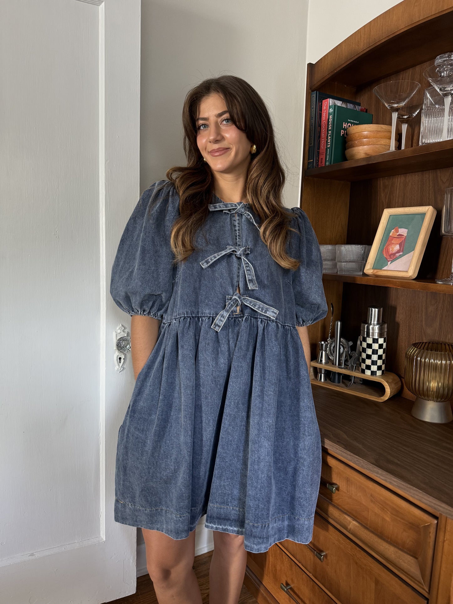 Sofie the Label Gabby Tie Top Puff Sleeve Mini Dress (Denim)