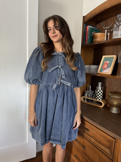 Sofie the Label Gabby Tie Top Puff Sleeve Mini Dress (Denim)