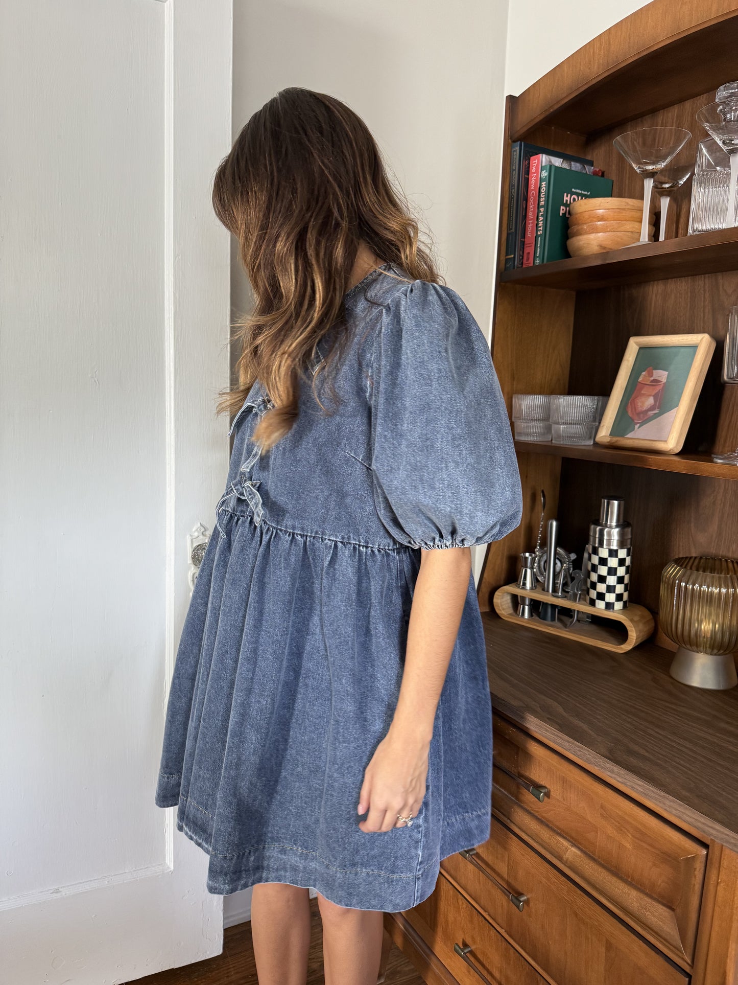 Sofie the Label Gabby Tie Top Puff Sleeve Mini Dress (Denim)