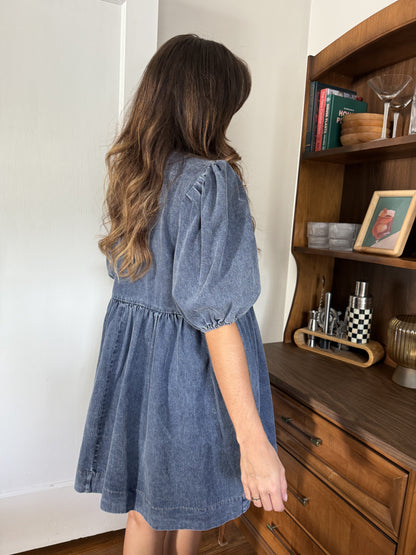 Sofie the Label Gabby Tie Top Puff Sleeve Mini Dress (Denim)