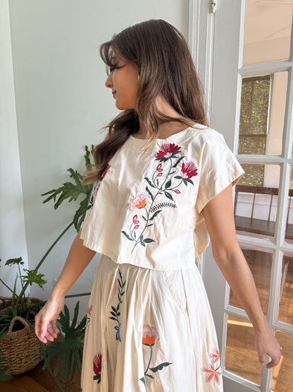 Lacey Floral Embroidered Cream Crop Top