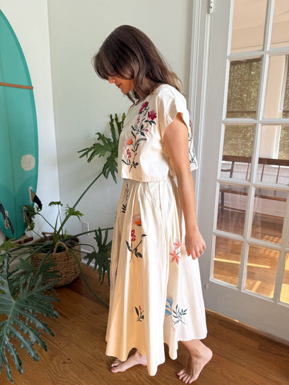 Lacey Floral Embroidered Cream Midi Skirt