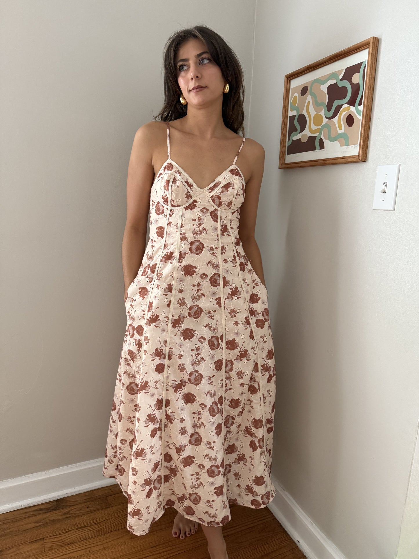 Aureum Lucille Rust Floral Eyelet Boned Midi Dress