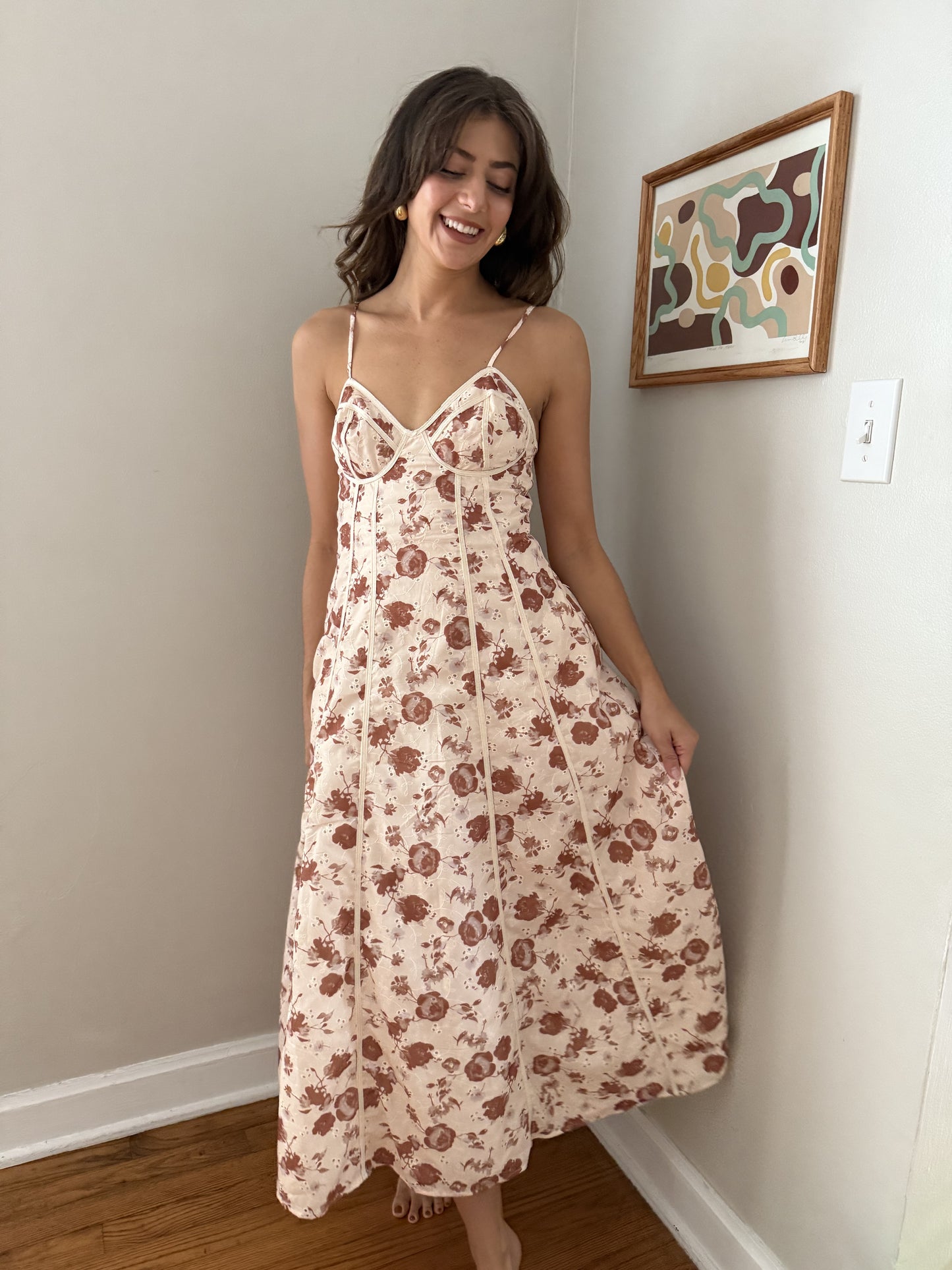 Aureum Lucille Rust Floral Eyelet Boned Midi Dress