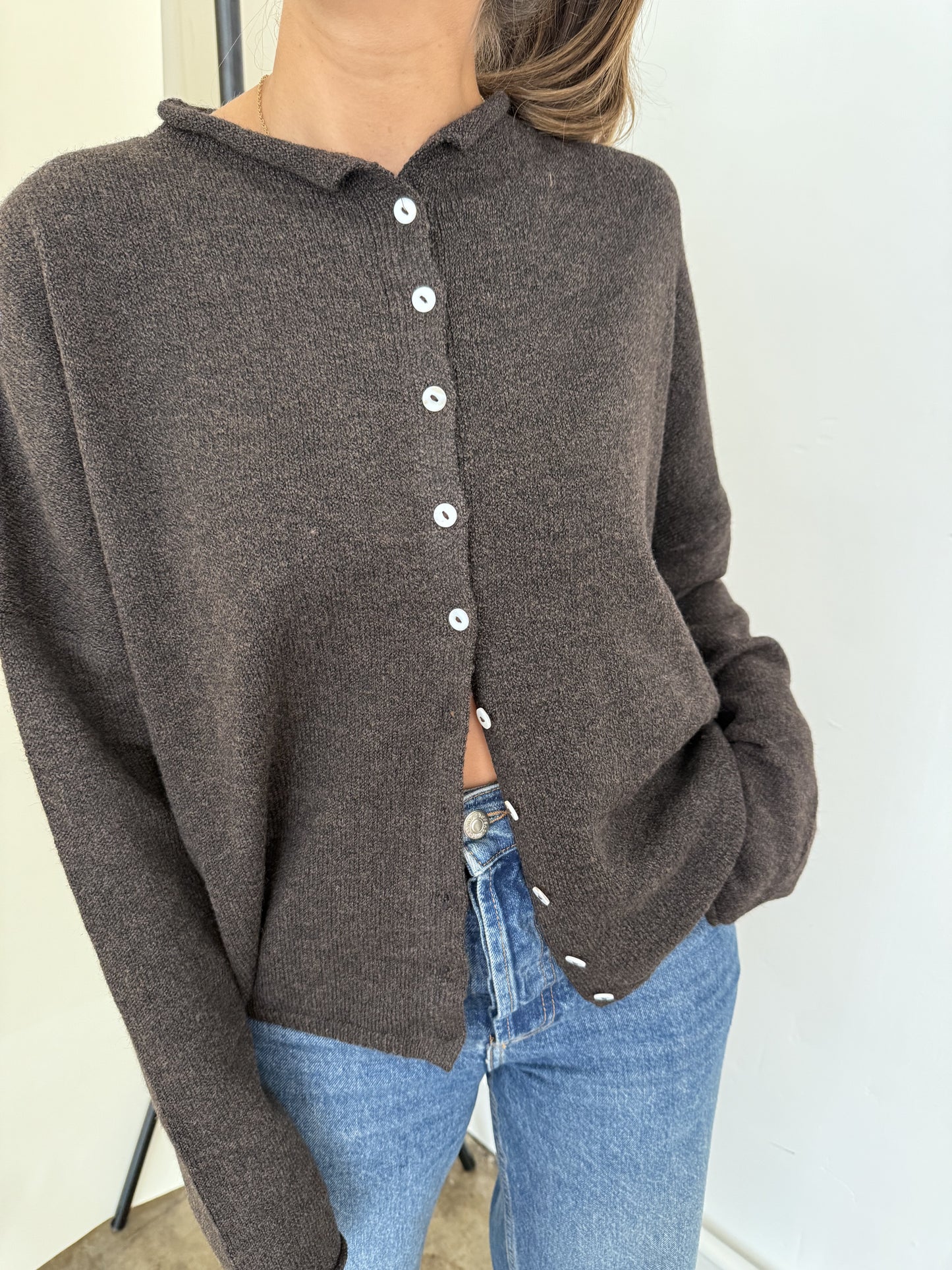 Things Between Piper Knit Rolled Hem Button Cardigan (Brown)