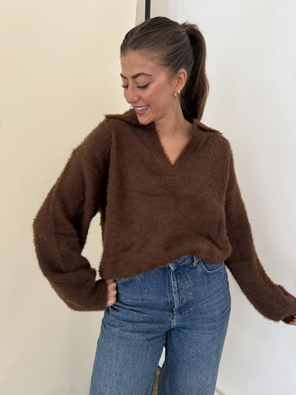 FRNCH Marley Brown Fuzzy Collared V-Neck Sweater