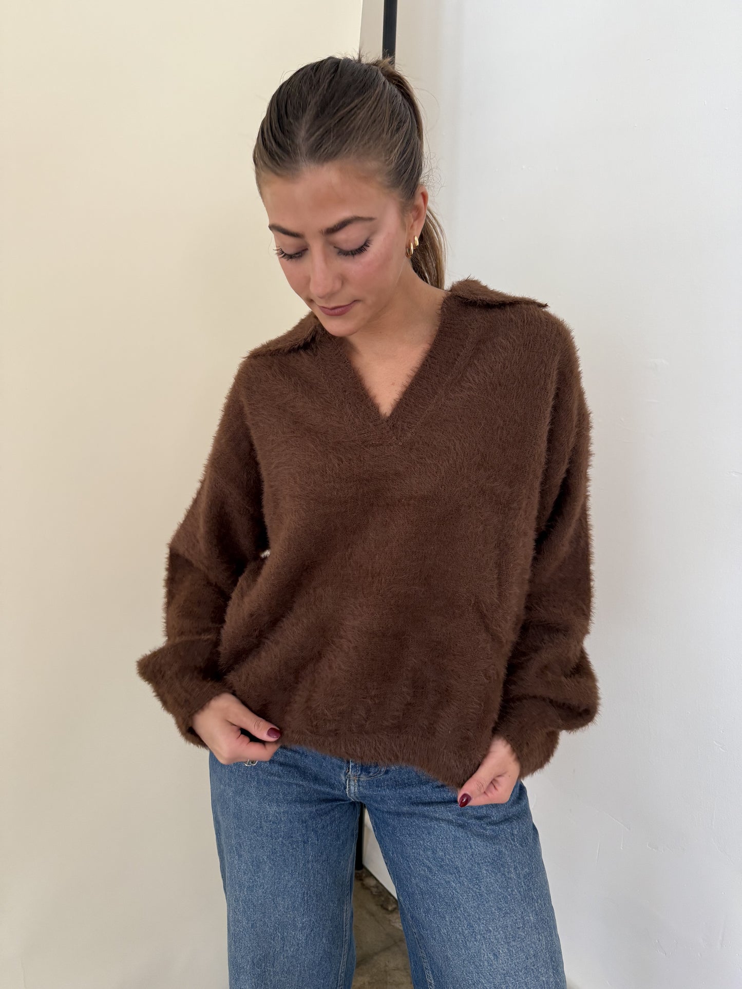 FRNCH Marley Brown Fuzzy Collared V-Neck Sweater