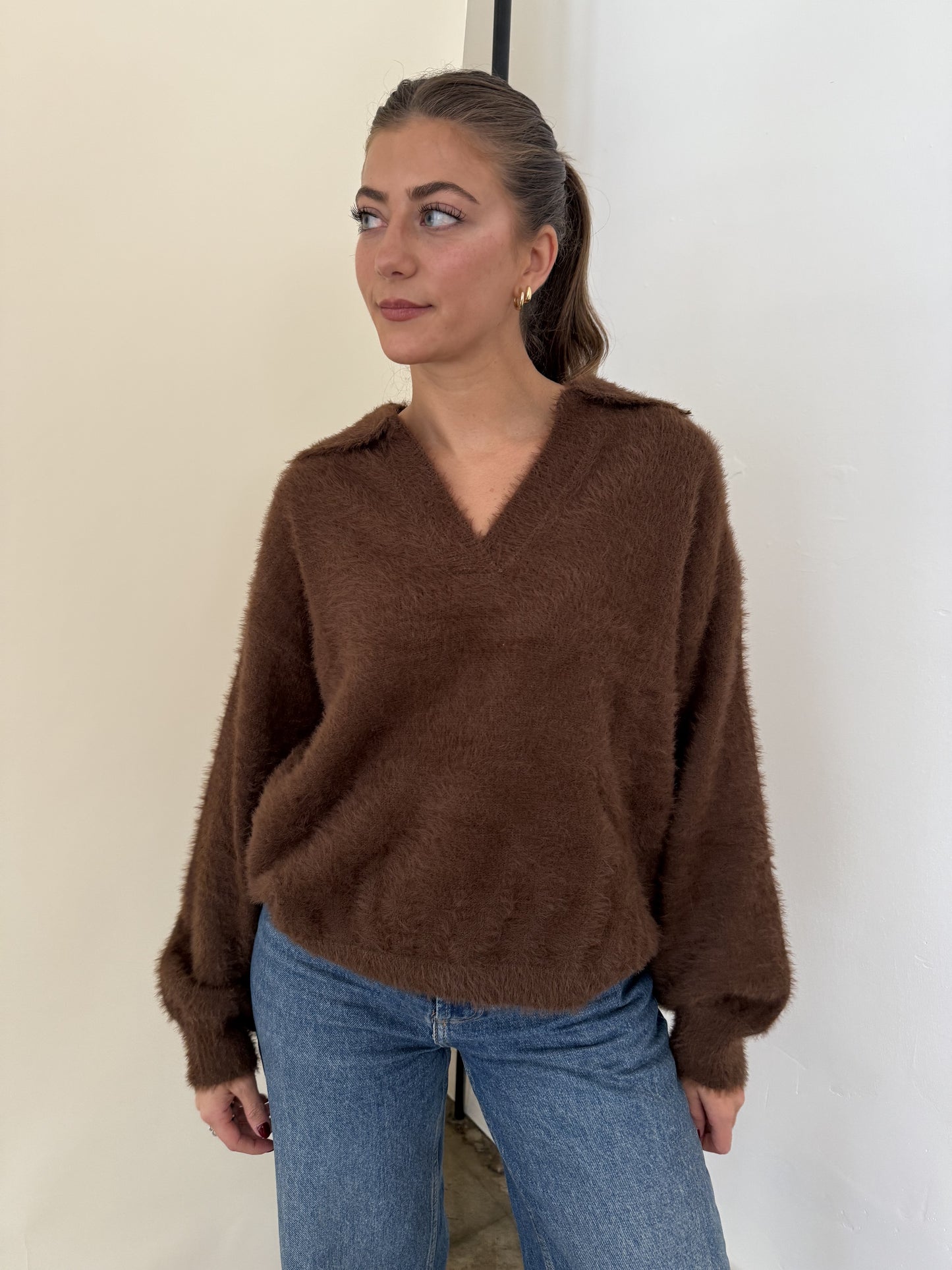 FRNCH Marley Brown Fuzzy Collared V-Neck Sweater