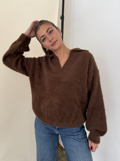 FRNCH Marley Brown Fuzzy Collared V-Neck Sweater