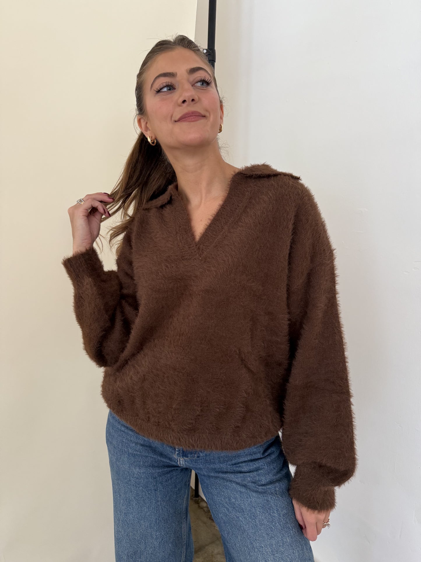 FRNCH Marley Brown Fuzzy Collared V-Neck Sweater