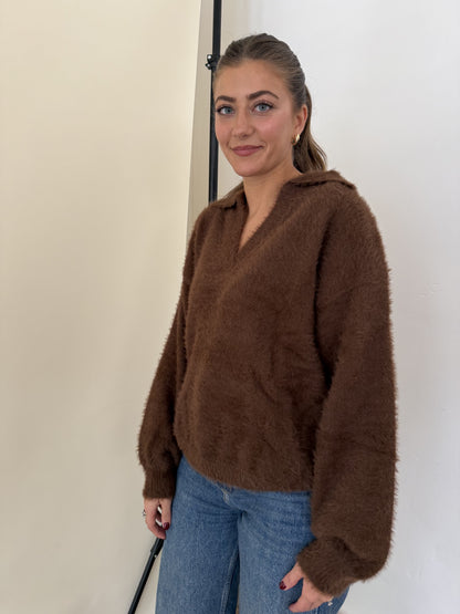 FRNCH Marley Brown Fuzzy Collared V-Neck Sweater