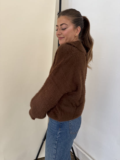 FRNCH Marley Brown Fuzzy Collared V-Neck Sweater