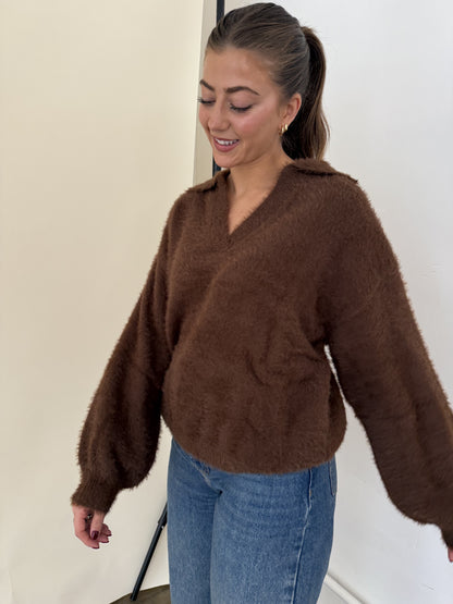 FRNCH Marley Brown Fuzzy Collared V-Neck Sweater