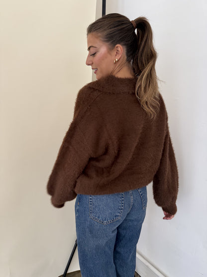 FRNCH Marley Brown Fuzzy Collared V-Neck Sweater