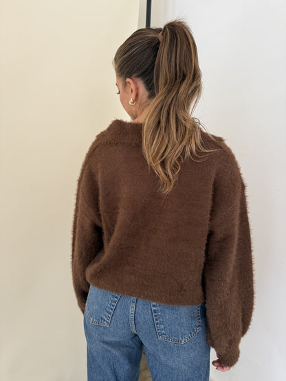 FRNCH Marley Brown Fuzzy Collared V-Neck Sweater