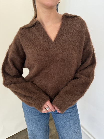 FRNCH Marley Brown Fuzzy Collared V-Neck Sweater