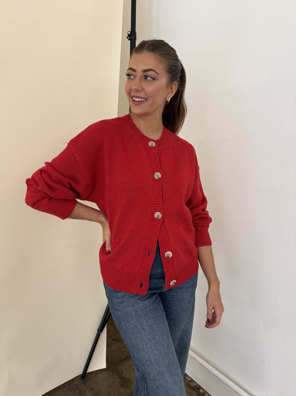 Millie Red Knit Buttoned Cardigan Sweater