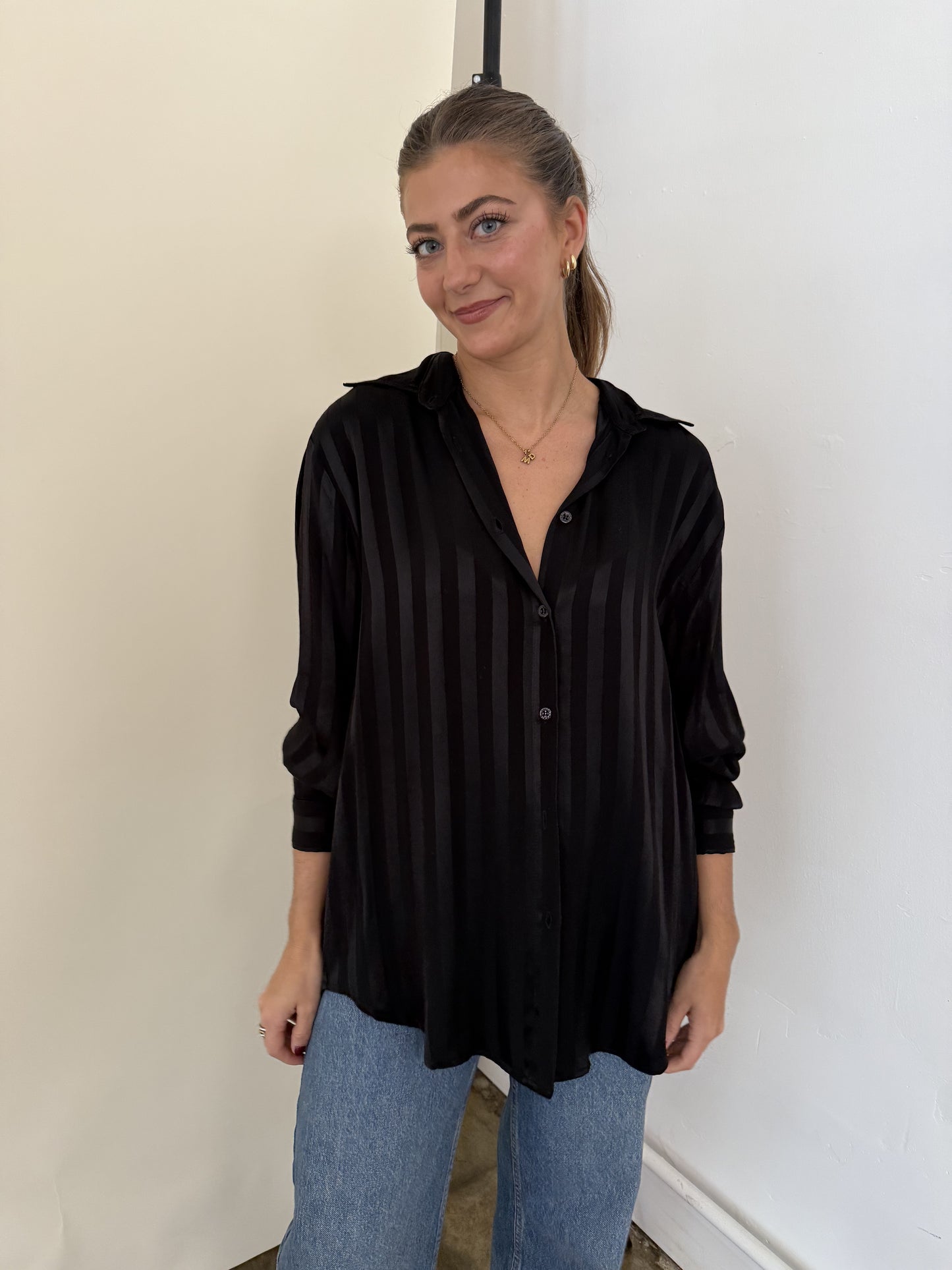 FRNCH Milan Black Stripe Satin Buttoned Long Sleeve Top