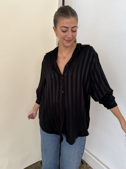 FRNCH Milan Black Stripe Satin Buttoned Long Sleeve Top