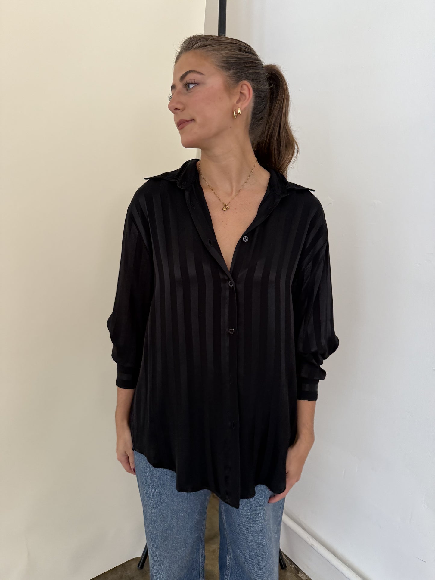 FRNCH Milan Black Stripe Satin Buttoned Long Sleeve Top