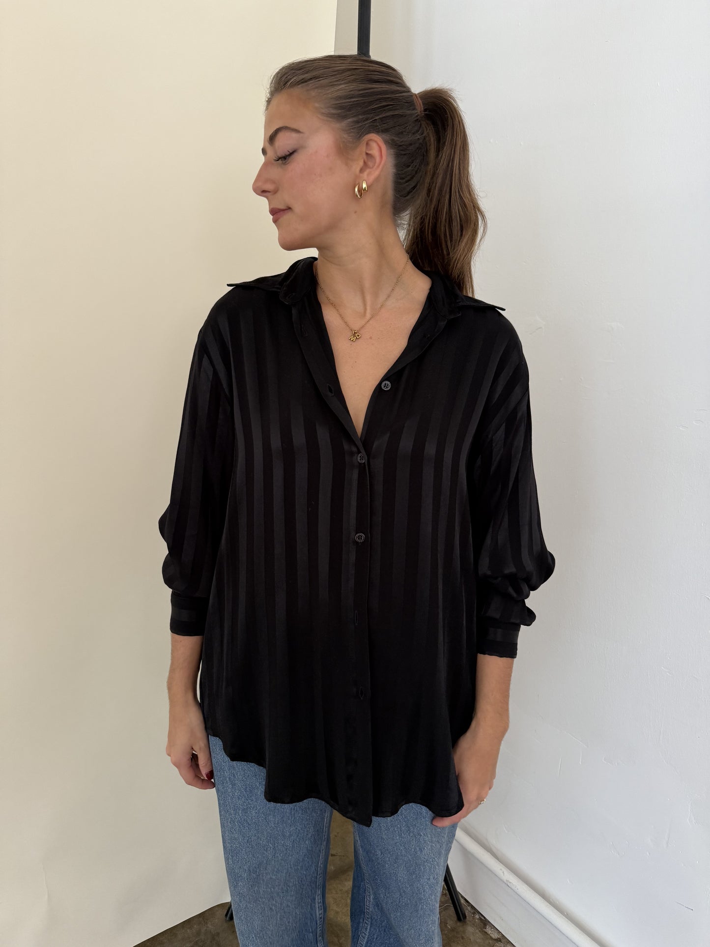 FRNCH Milan Black Stripe Satin Buttoned Long Sleeve Top