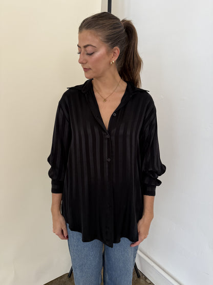 FRNCH Milan Black Stripe Satin Buttoned Long Sleeve Top