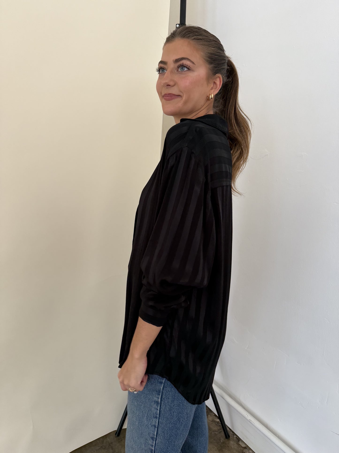 FRNCH Milan Black Stripe Satin Buttoned Long Sleeve Top