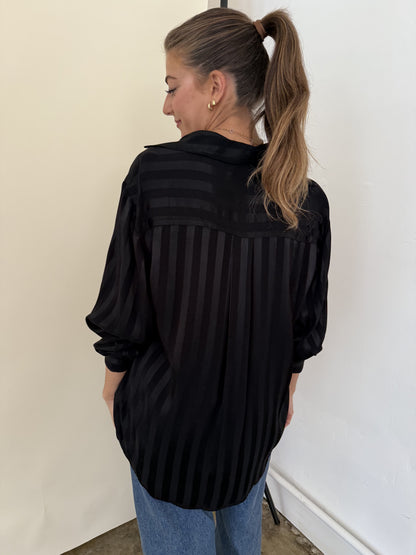 FRNCH Milan Black Stripe Satin Buttoned Long Sleeve Top