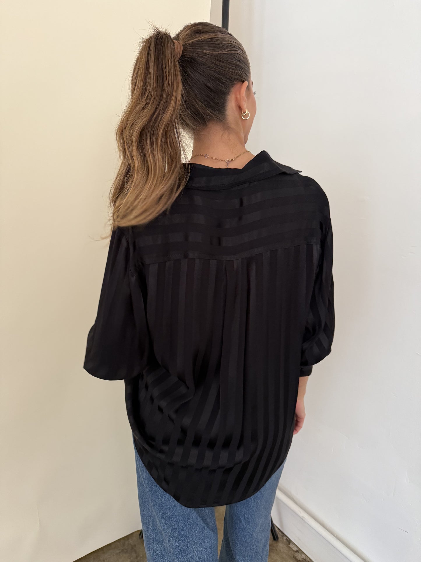 FRNCH Milan Black Stripe Satin Buttoned Long Sleeve Top