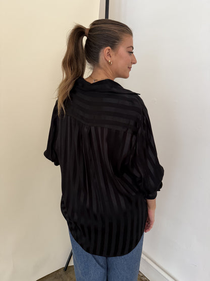 FRNCH Milan Black Stripe Satin Buttoned Long Sleeve Top