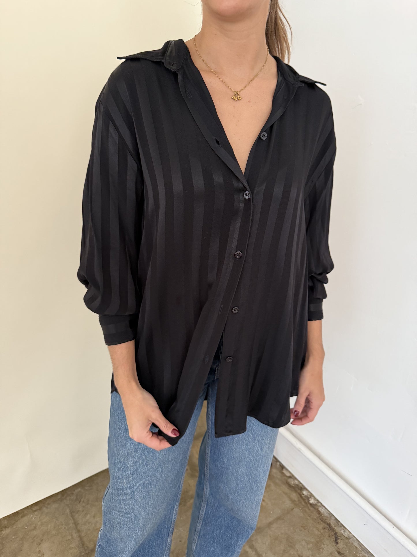 FRNCH Milan Black Stripe Satin Buttoned Long Sleeve Top