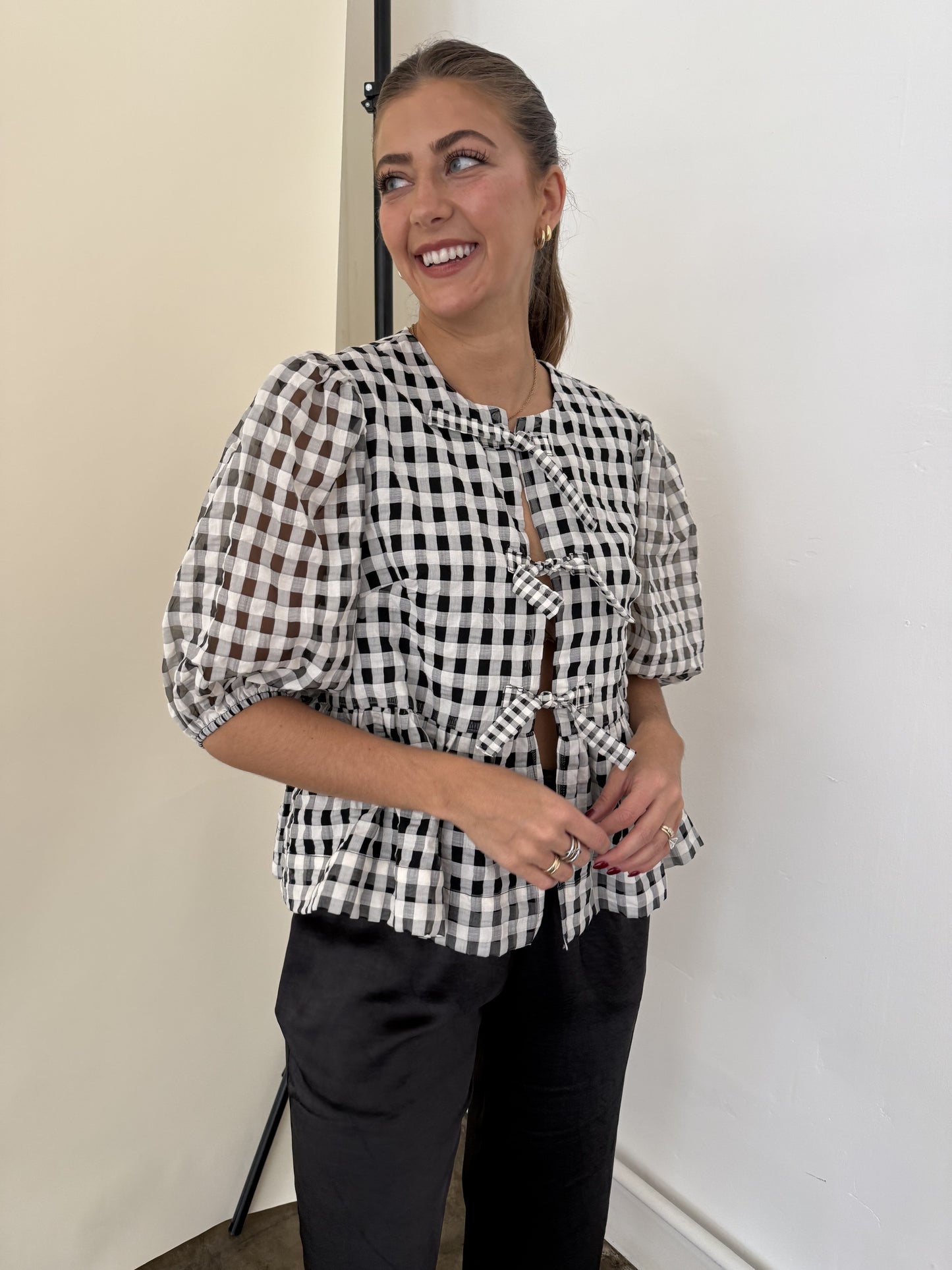 Sofie the Label Cara Cotton Poplin Tie Top (Black Gingham)