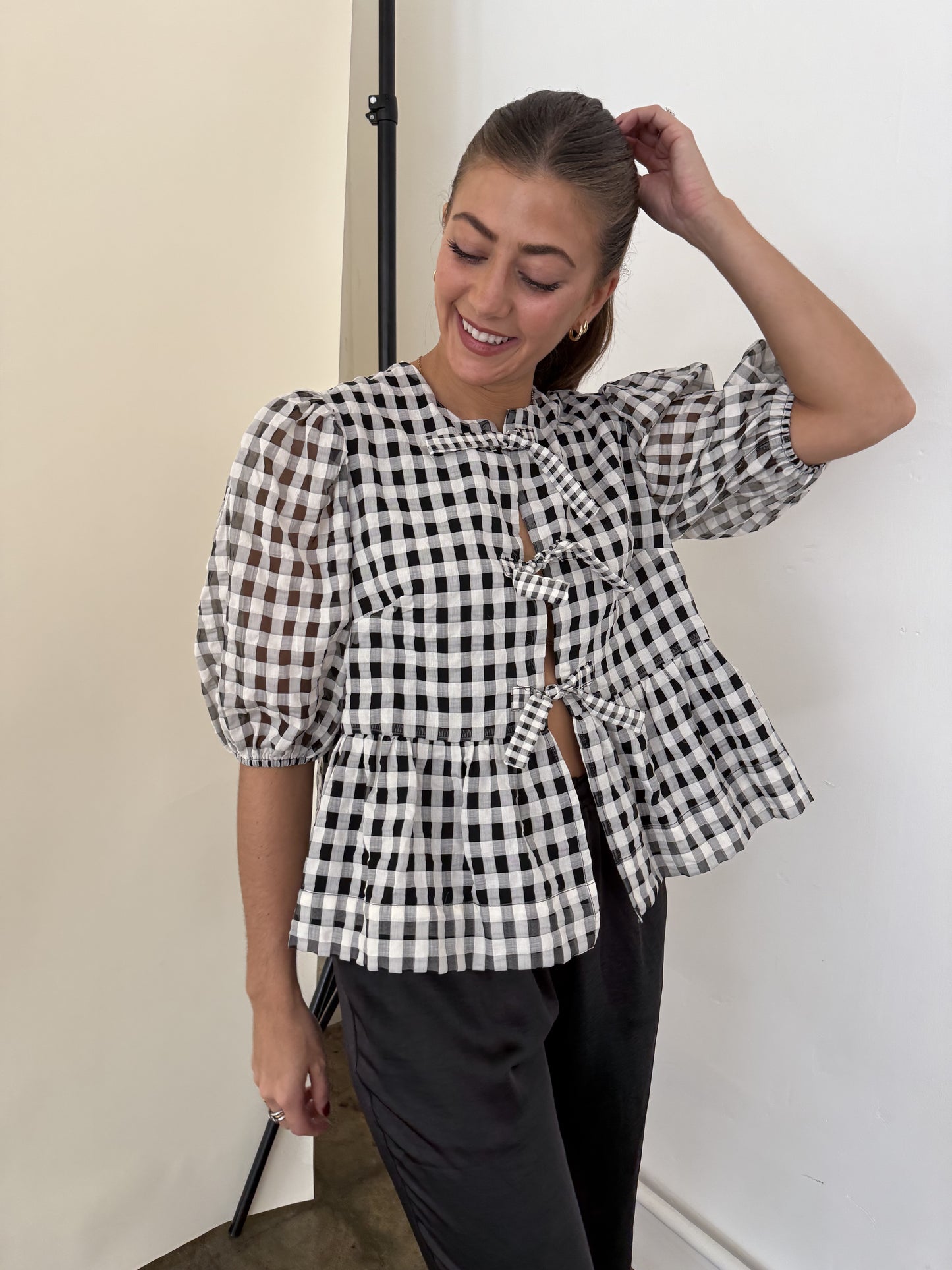 Sofie the Label Cara Cotton Poplin Tie Top (Black Gingham)