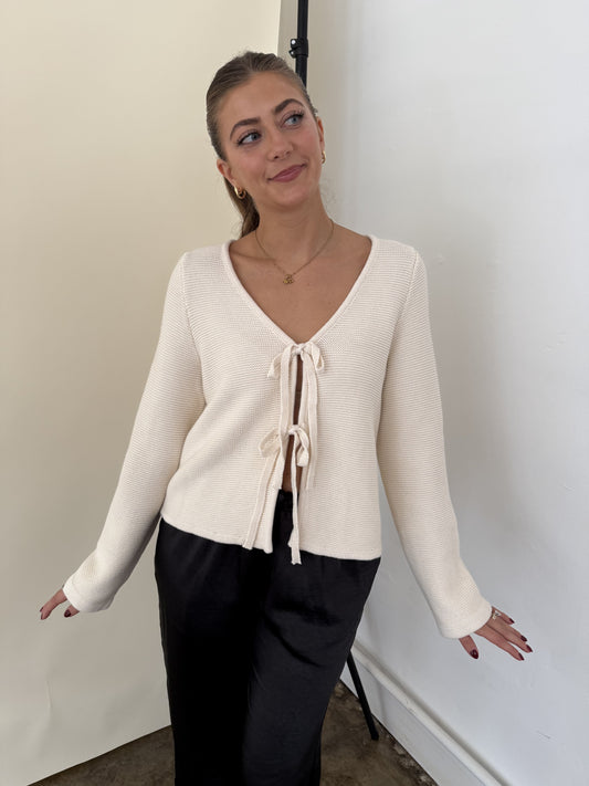 Miou Muse Maria Cream Knit Long Sleeve Tie Top