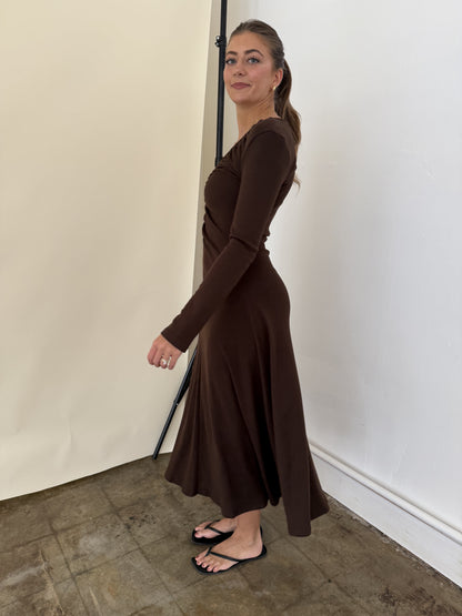 FRNCH Maggie Chocolate Shirred Soft Knit Long Sleeve Midi Dress