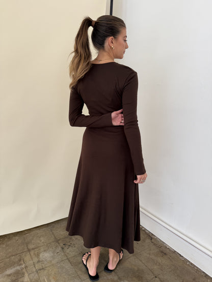 FRNCH Maggie Chocolate Shirred Soft Knit Long Sleeve Midi Dress